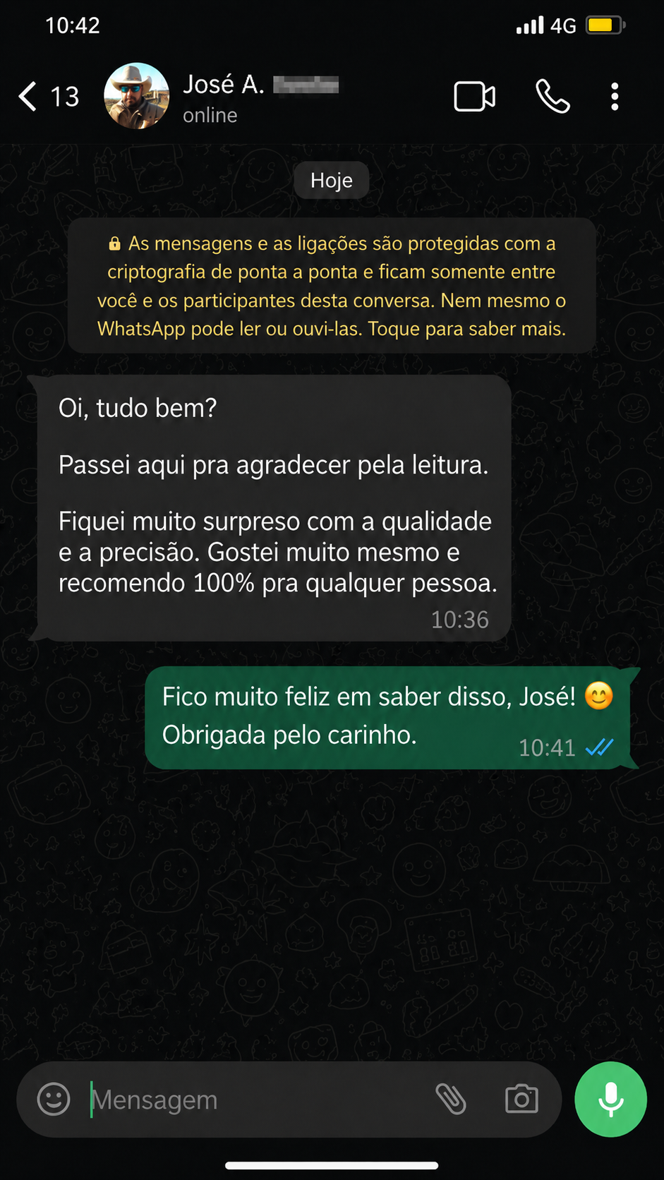 Conversa no WhatsApp recomendando a leitura pela qualidade e precisão